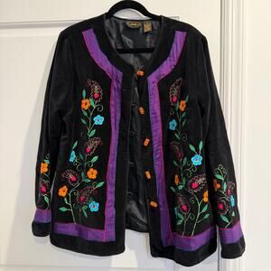 Vintage Allure Black Velour Bead Button Jacket with Embroidered Floral Size L
